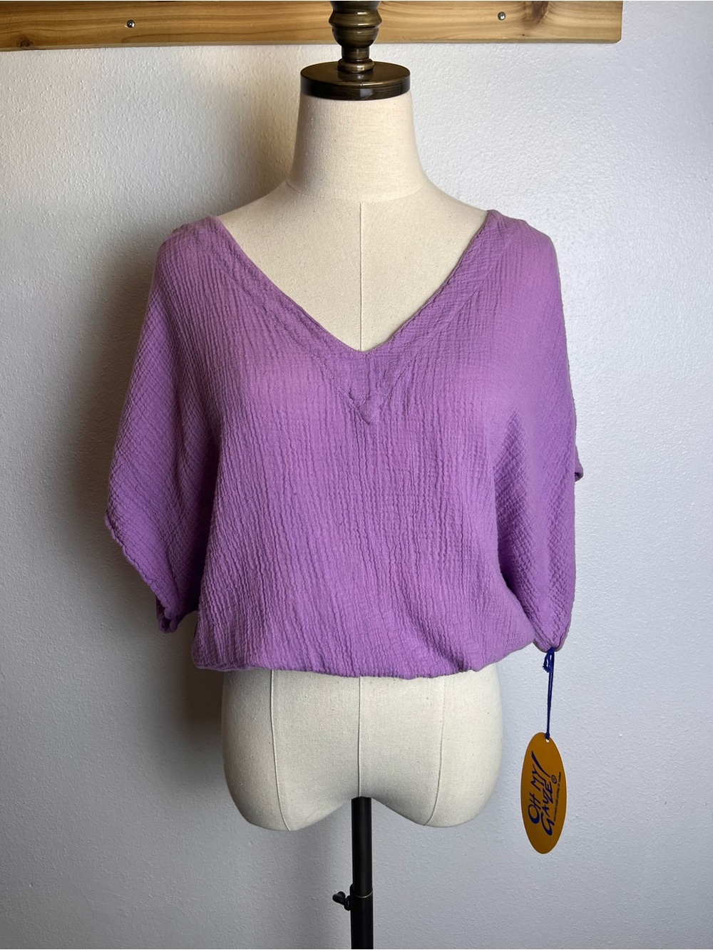 Oh My Gauze! Lavender Purple V-Neck Short Sleeve Smocked Hem Top 100% Cotton